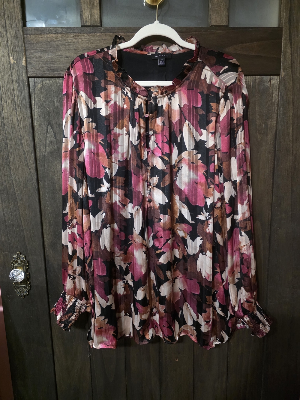 Pleated Floral Button-Front Blouse - Pink/Brown